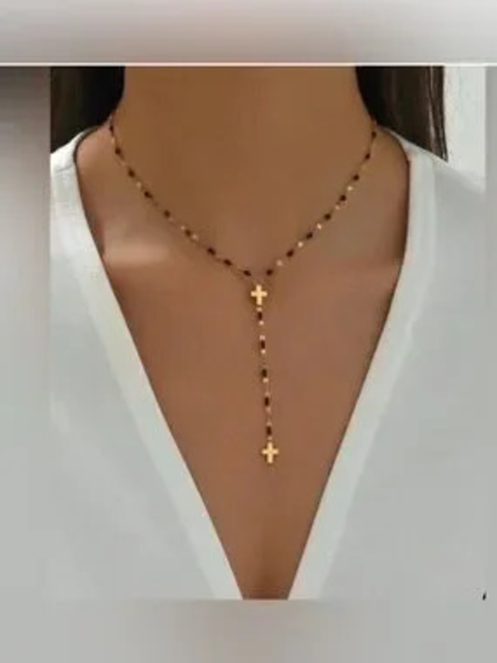 Gold Plated Stainless Steel Cross Beaded Lariat Necklace